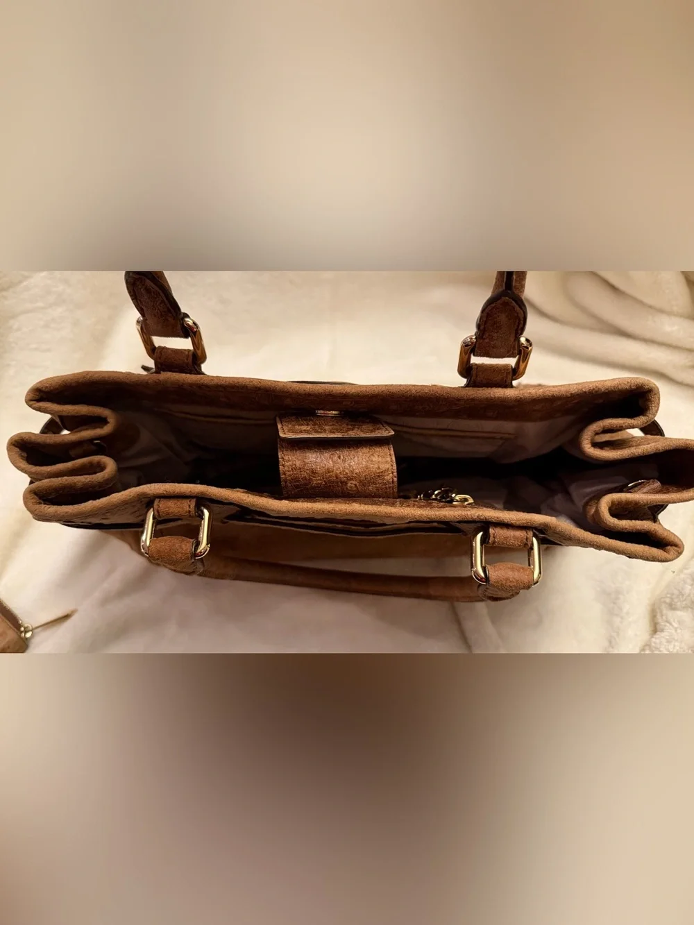Michael Kors Hamilton Ostrich Embossed Satchel Bag & Zip Wallet Set Brown Tan